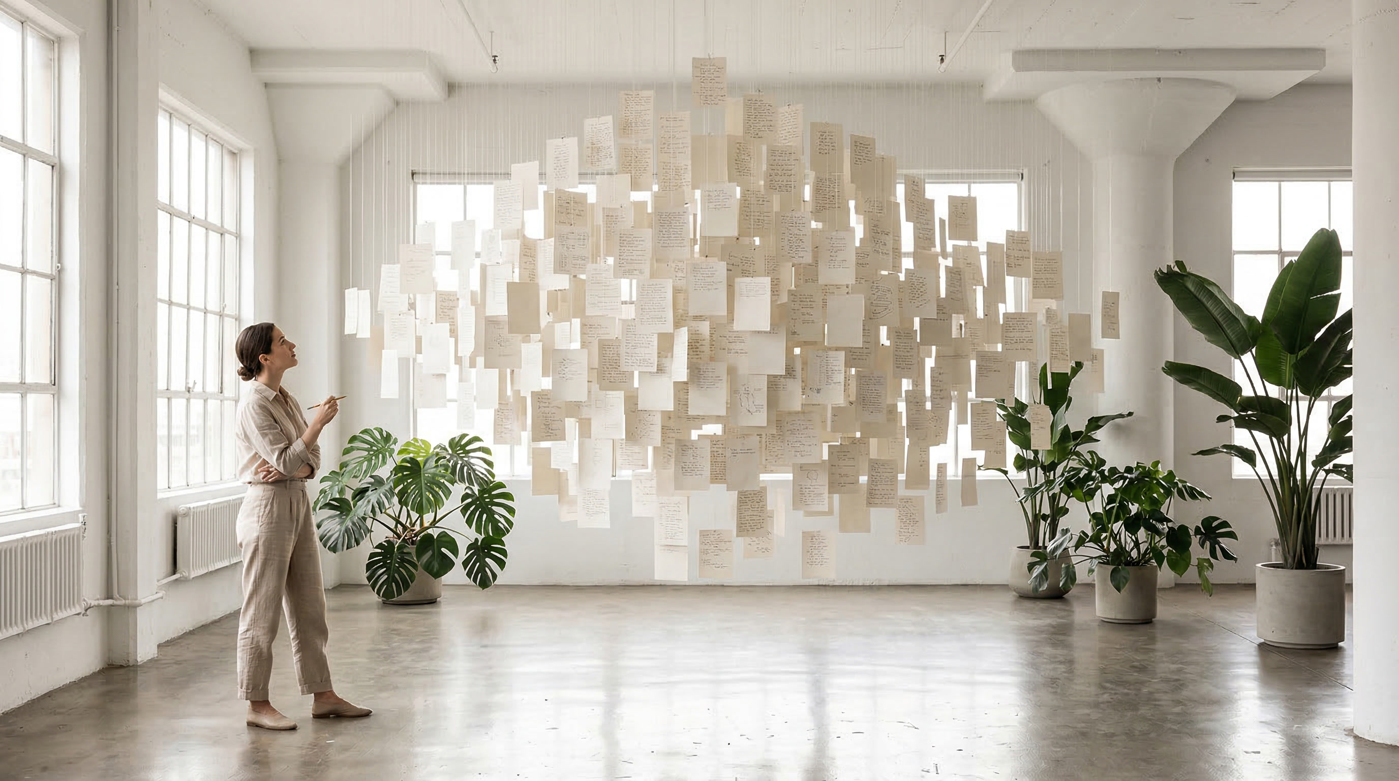 A person standing in a bright studio, contemplating hundreds of handwritten notes suspended in space — the visual metaphor for unstructured intent.